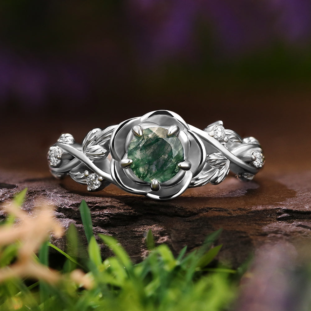 Nature Inspired 5mm Round Cut Moss Agate Rose Flower Leaf Engagement Ring