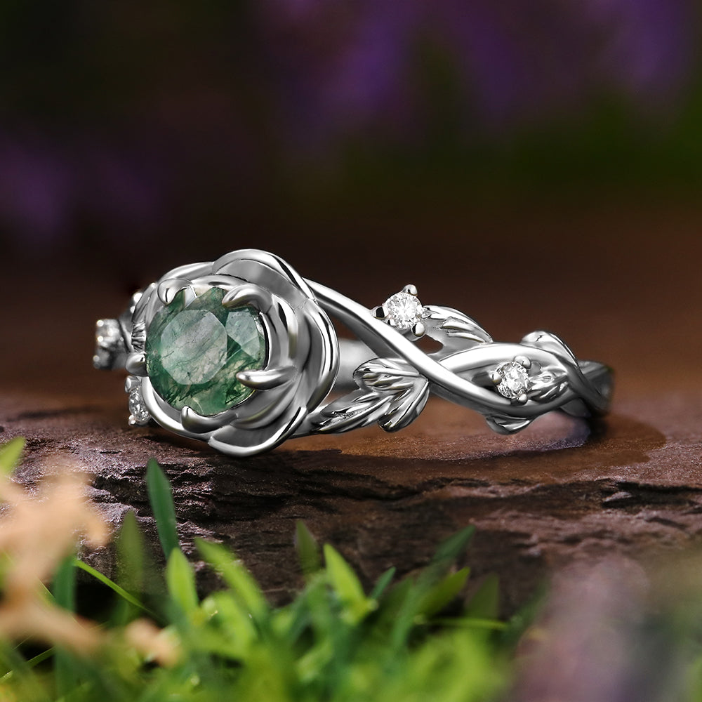 Nature Inspired 5mm Round Cut Moss Agate Rose Flower Leaf Engagement Ring