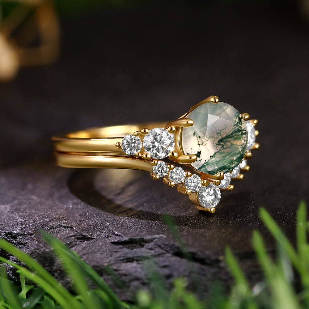 7mm Round Cut Moss Agate Vintage Engagement Bridal Ring Set