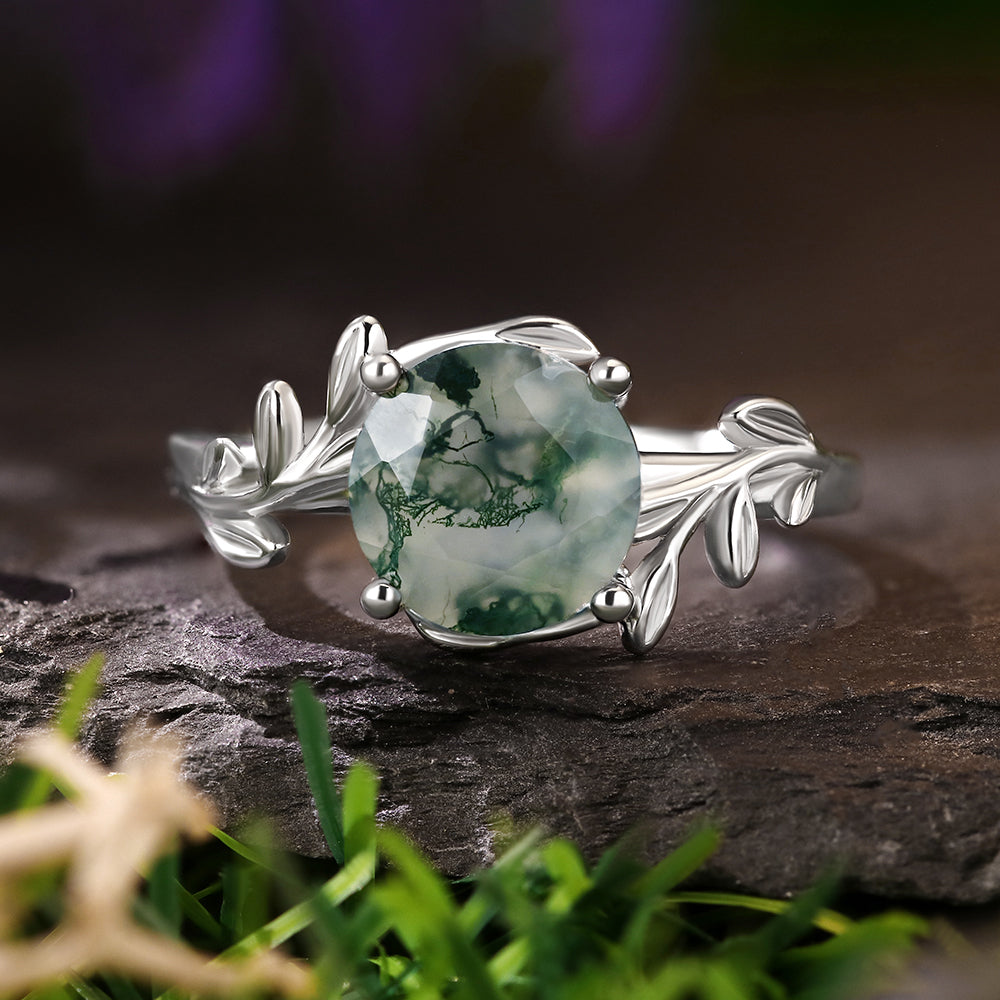 8mm Round Cut Moss Agate Nature Inspired Leaf and Vine Engagement Ring