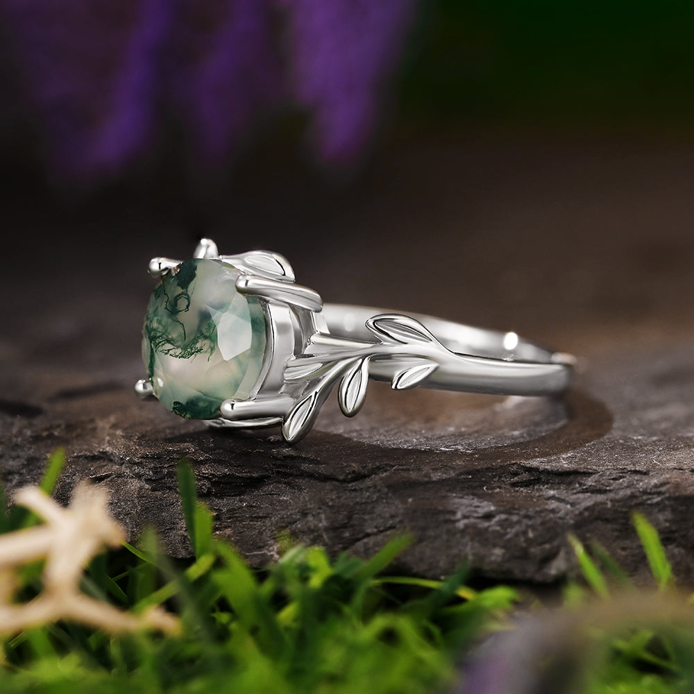 8mm Round Cut Moss Agate Nature Inspired Leaf and Vine Engagement Ring