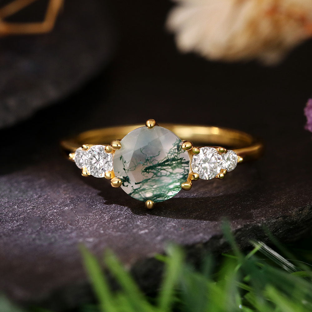 [Buy 1 Get 1 Free]7mm Round Cut Moss Agate Vintage Engagement Bridal Ring Set