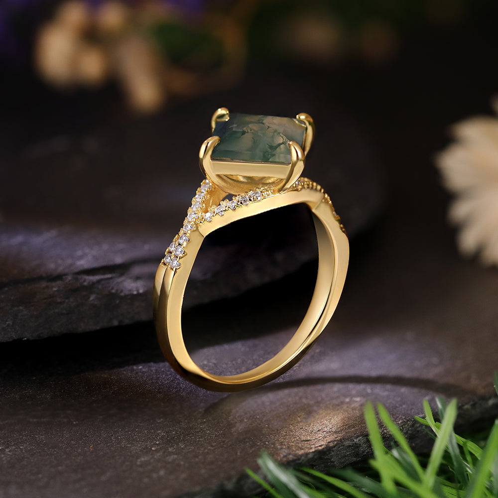 8x8mm Square Cut Moss Agate Vintage Twsited Engagement Ring