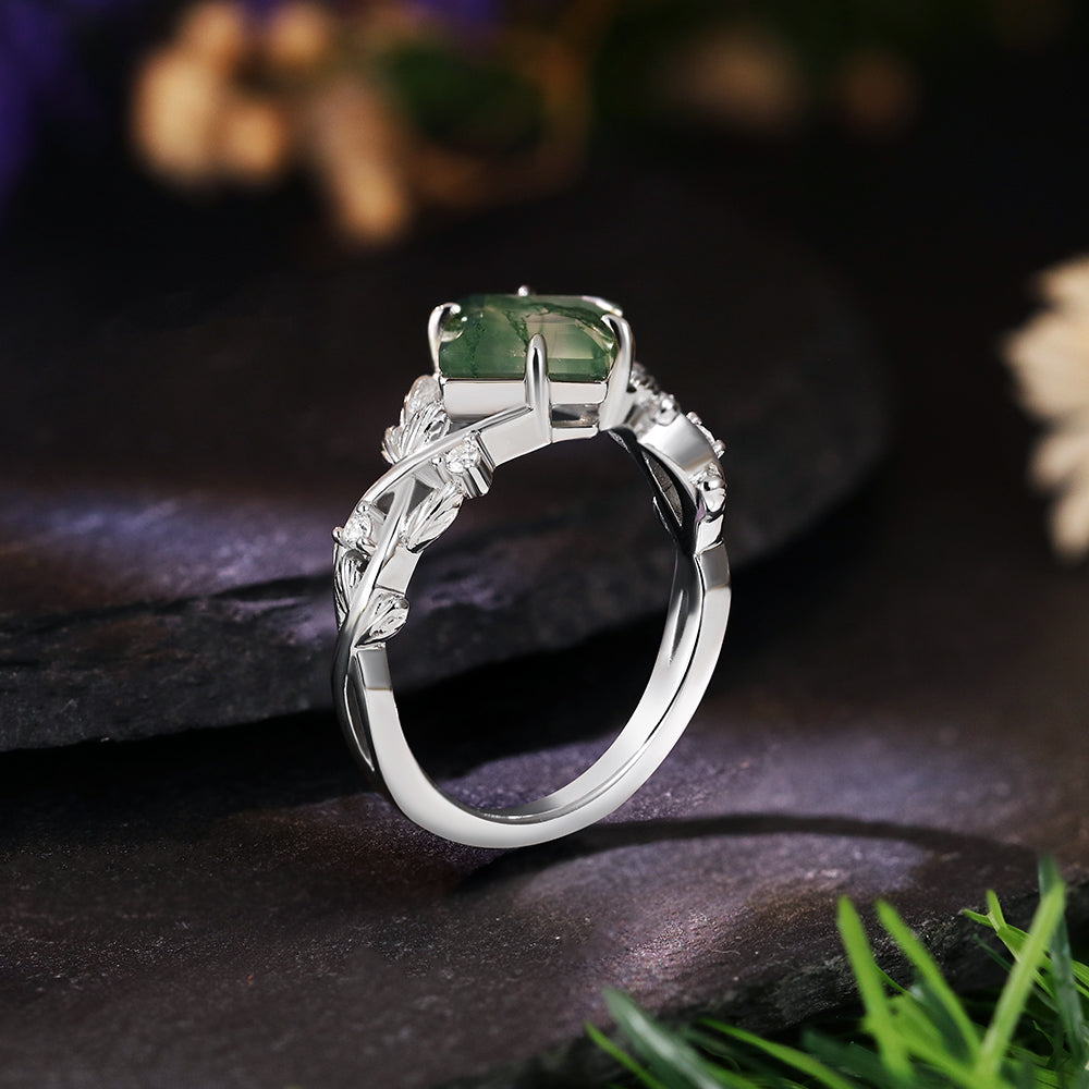 7x7mm Square Cut Moss Agate Nature Inspired Leaf Engagement Ring