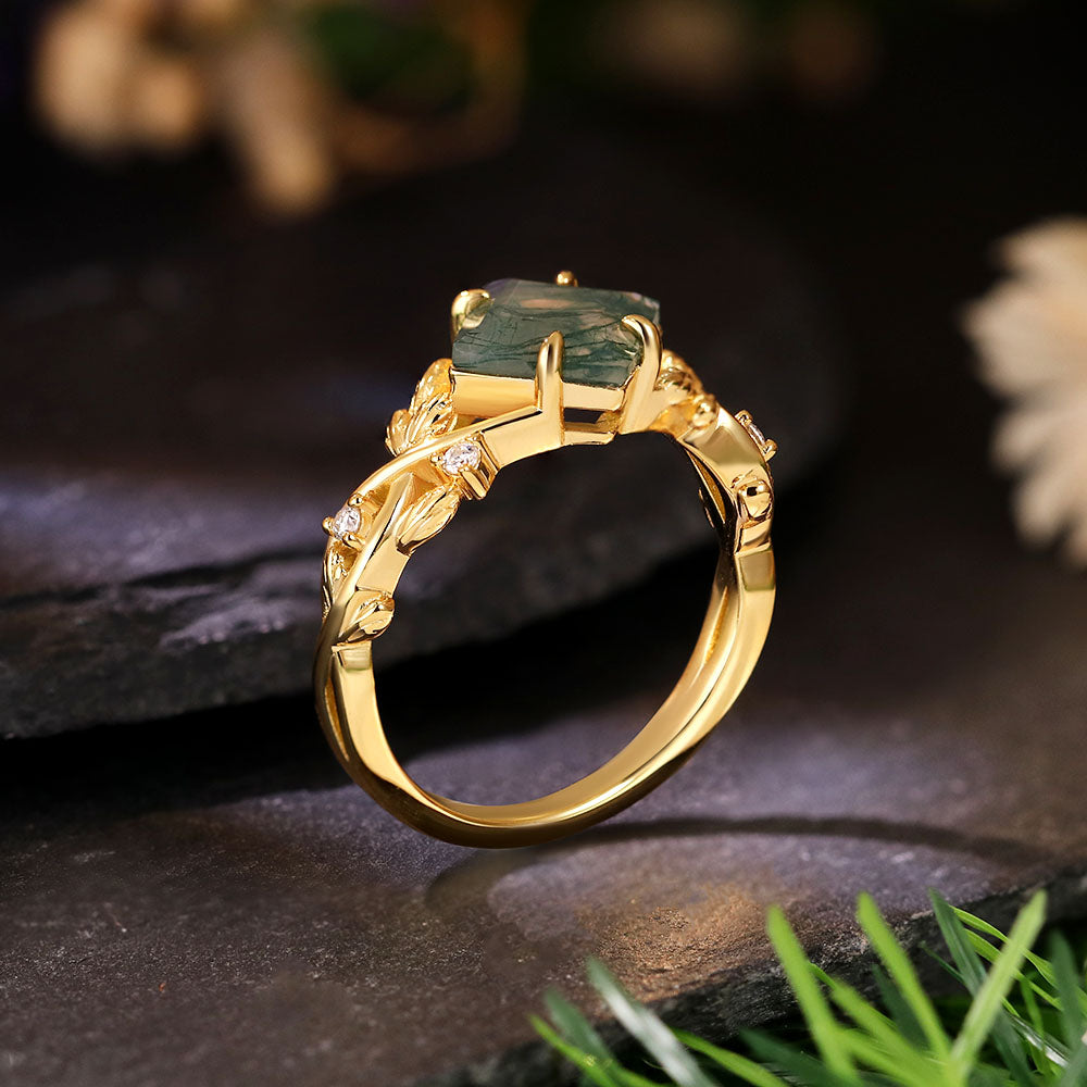 7x7mm Square Cut Moss Agate Nature Inspired Leaf Engagement Ring