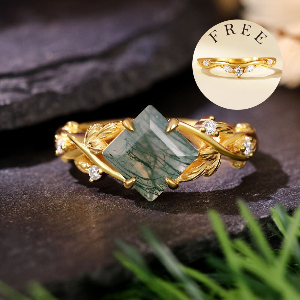 [Buy 1 Get 1 Free]7x7mm Square Cut Moss Agate Nature Inspired Leaf Bridal Ring Set