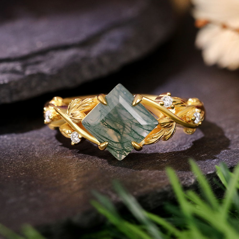 7x7mm Square Cut Moss Agate Nature Inspired Leaf Engagement Ring