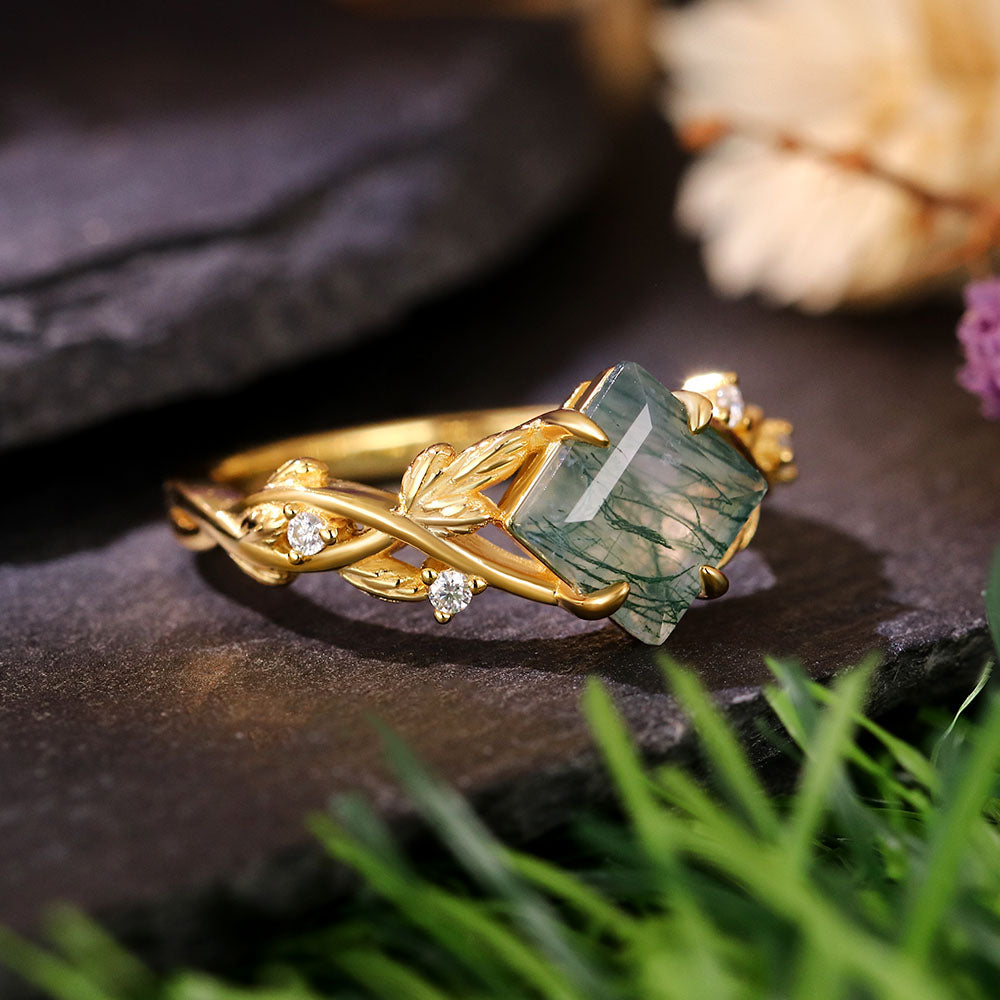 7x7mm Square Cut Moss Agate Nature Inspired Leaf Engagement Ring