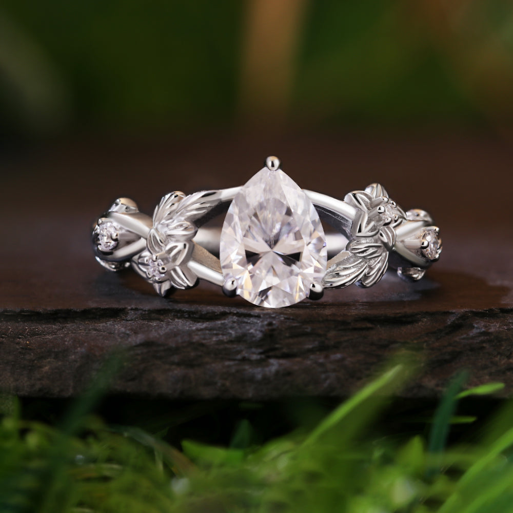 1.37ct Pear Cut Moissanite Engagement Ring, Nature Inspired Leaf & Vine Design