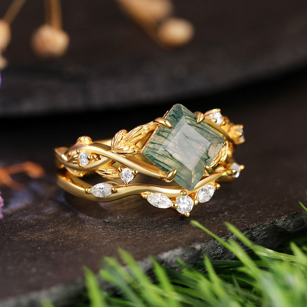 7x7mm Square Cut Moss Agate Nature Inspired Leaf Bridal Ring Set