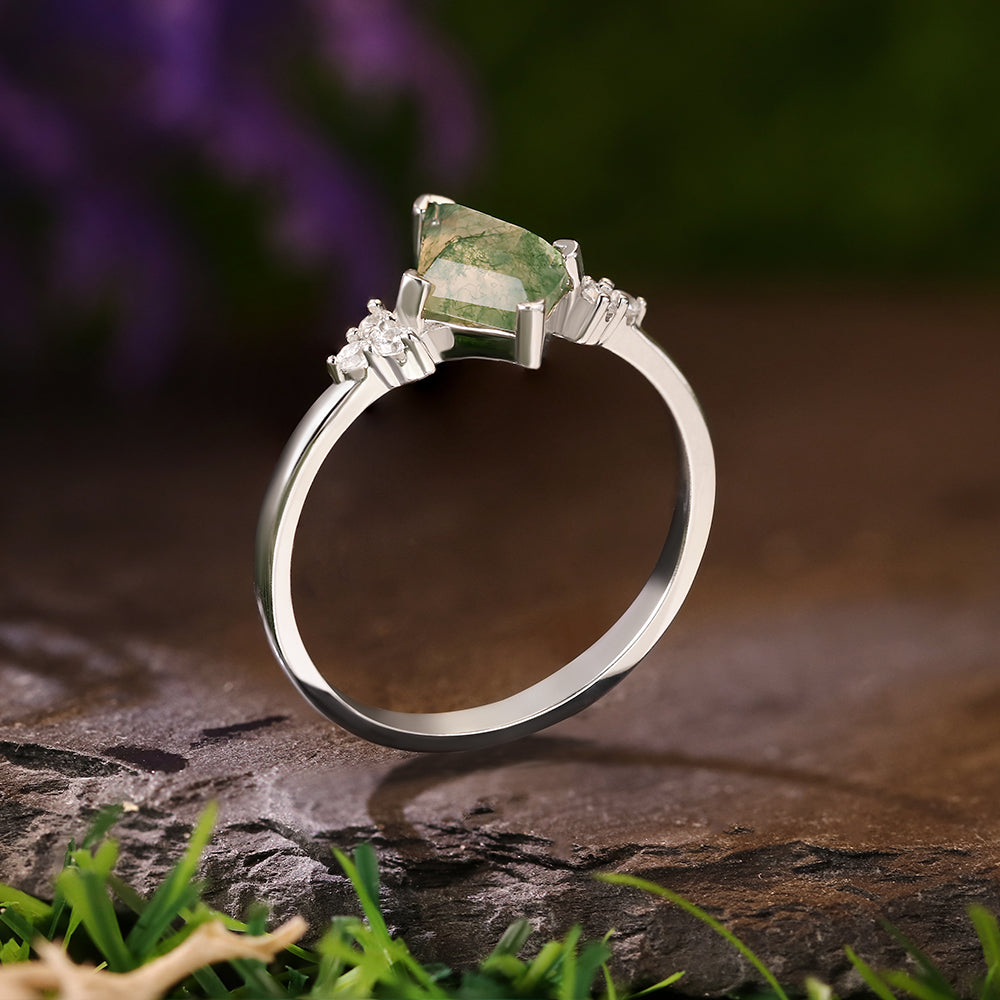 7x10mm Kite Cut Moss Agate Nature Inspired Accent Engagement Ring