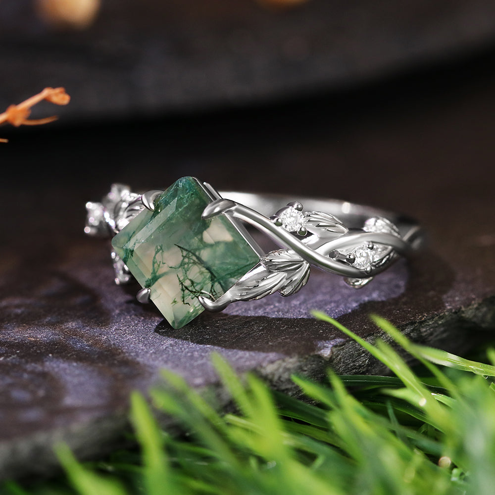 7x7mm Square Cut Moss Agate Nature Inspired Leaf Engagement Ring