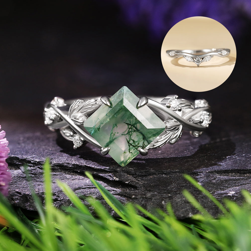 [Buy 1 Get 1 Free]7x7mm Square Cut Moss Agate Nature Inspired Leaf Bridal Ring Set