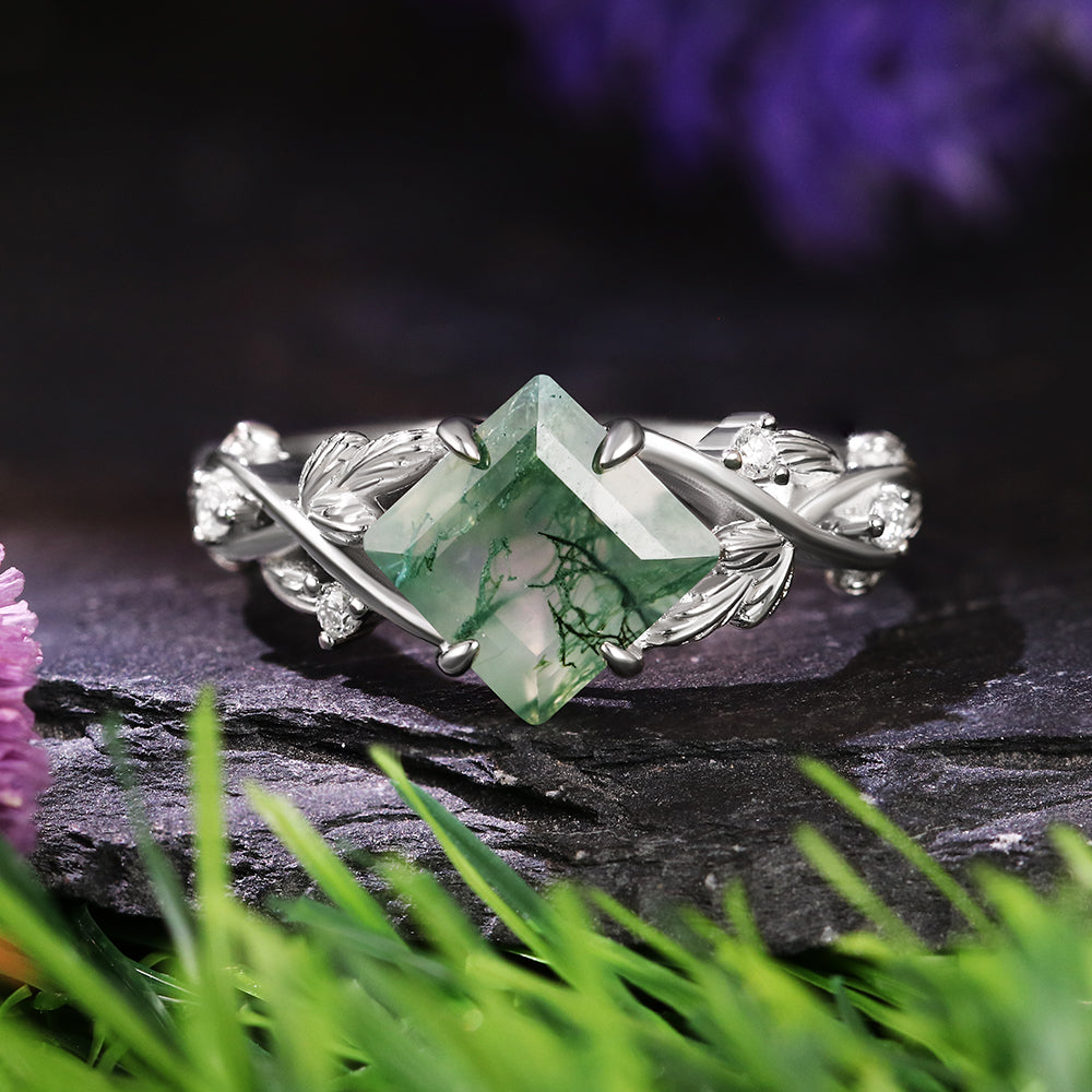 7x7mm Square Cut Moss Agate Nature Inspired Leaf Engagement Ring