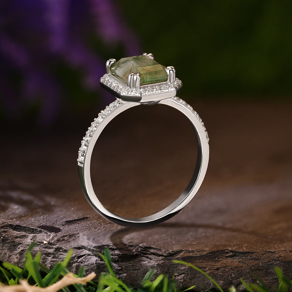 8x10mm Emerald Cut Moss Agate Nature Inspired Halo Engagement Ring