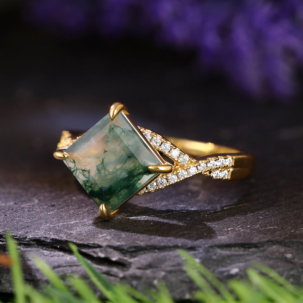 [Buy 1 Get 1 Free]8x8mm Square Cut Moss Agate Vintage Twsited Triple Engagement Ring Set