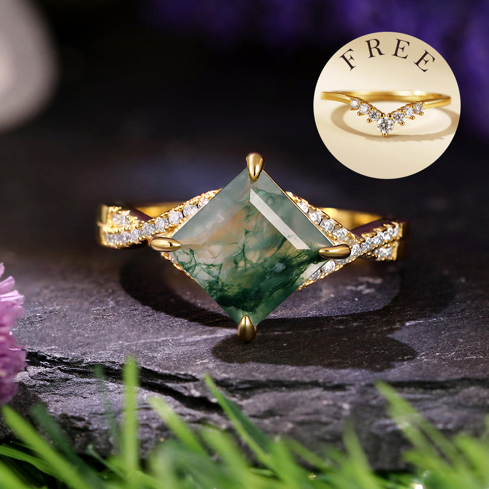 [Buy 1 Get 1 Free]8x8mm Square Cut Moss Agate Vintage Twsited Triple Engagement Ring Set