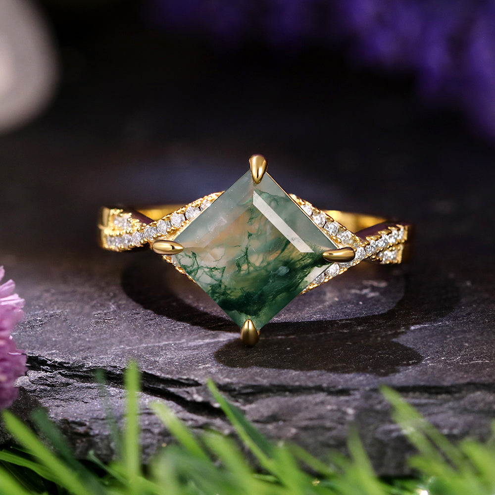 [Buy 1 Get 1 Free]8x8mm Square Cut Moss Agate Vintage Twsited Triple Engagement Ring Set