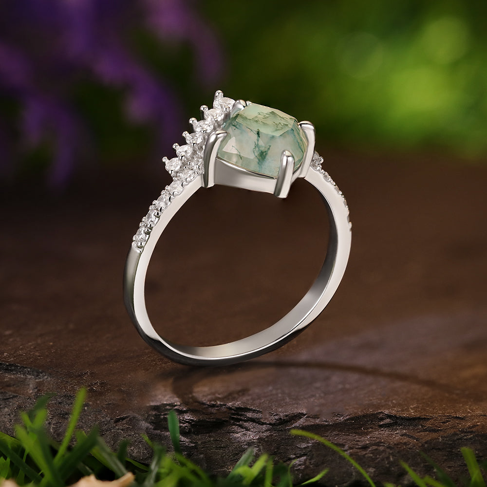 7x7mm Cushion Cut Moss Agate Nature Inspired Butterfly Wing Engagement Ring