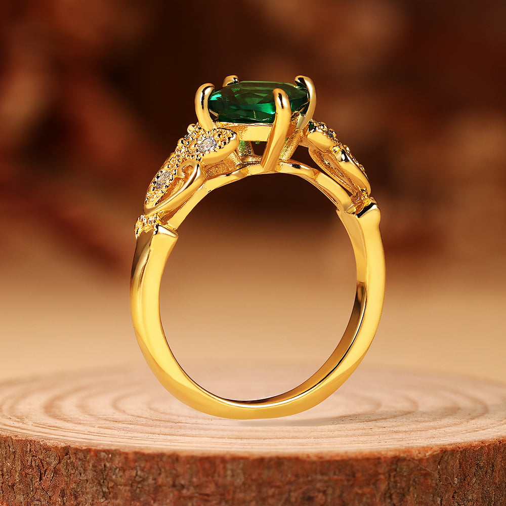 Anillo de compromiso con halo de esmeraldas de laboratorio ovaladas de 1 ct