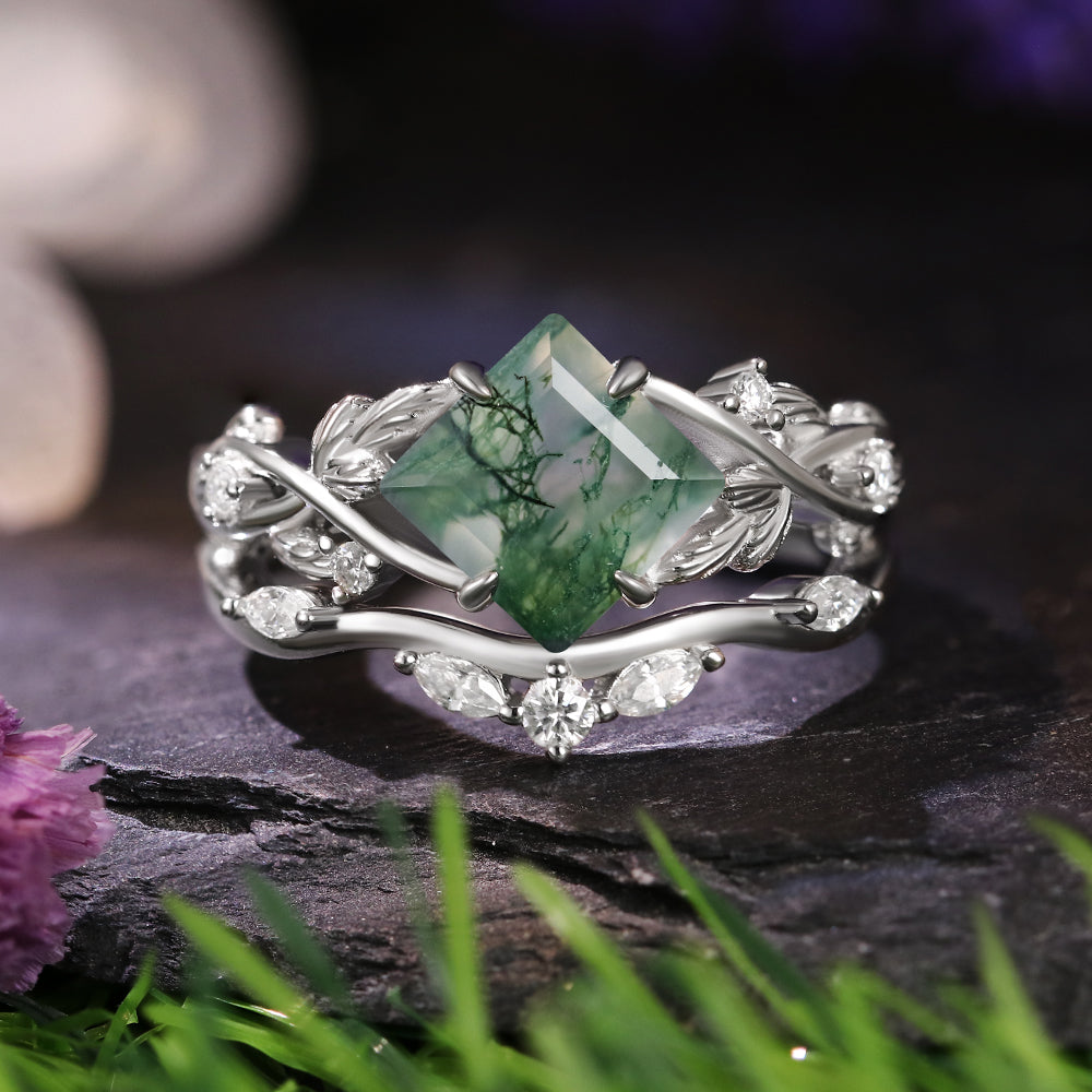 [Buy 1 Get 1 Free]7x7mm Square Cut Moss Agate Nature Inspired Leaf Bridal Ring Set