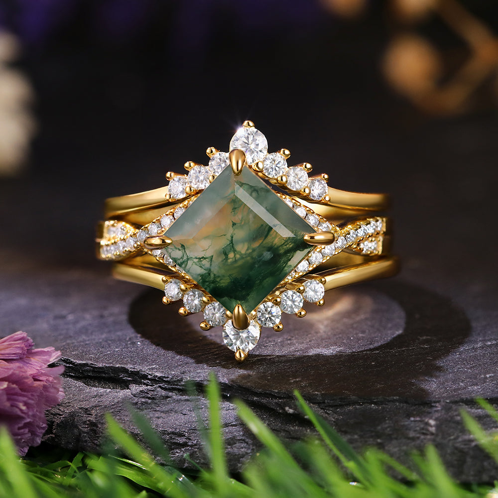 8x8mm Square Cut Moss Agate Vintage Twsited Triple Engagement Ring Set