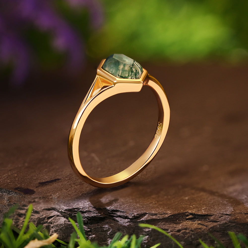 6x10mm Hexagon Cut Moss Agate Nature Inspired Geometric Openwork Engagement Ring