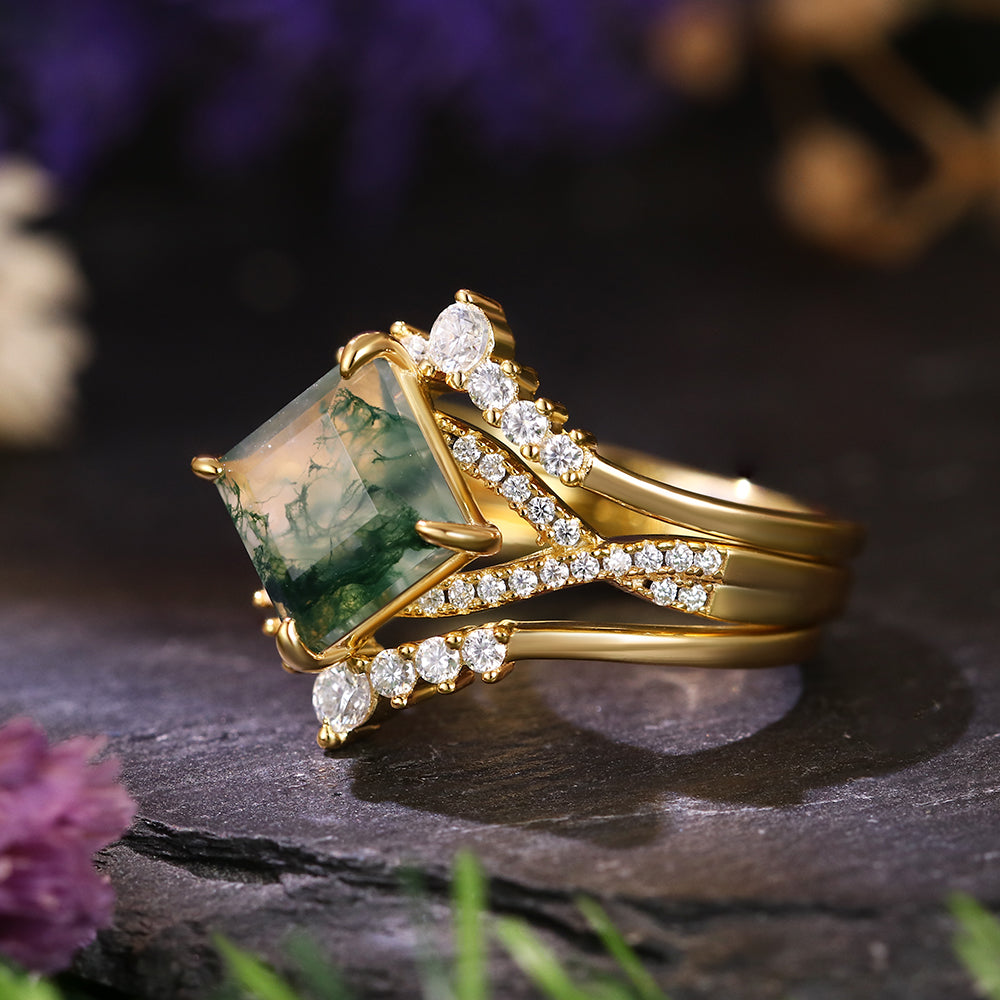 8x8mm Square Cut Moss Agate Vintage Twsited Triple Engagement Ring Set