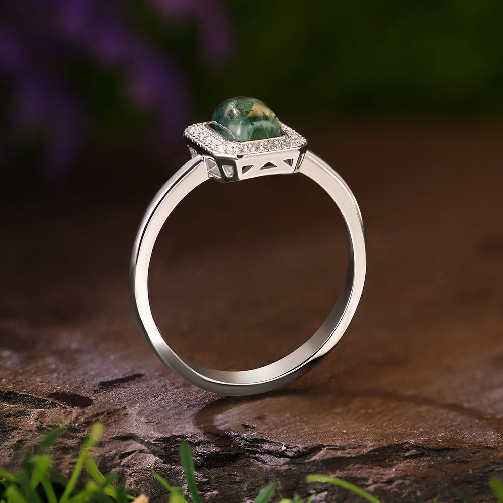 5x7mm Emerald Cut Moss Agate Nature Inspired Halo Engagement Ring
