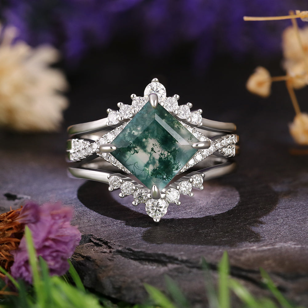 8x8mm Square Cut Moss Agate Vintage Twsited Triple Engagement Ring Set