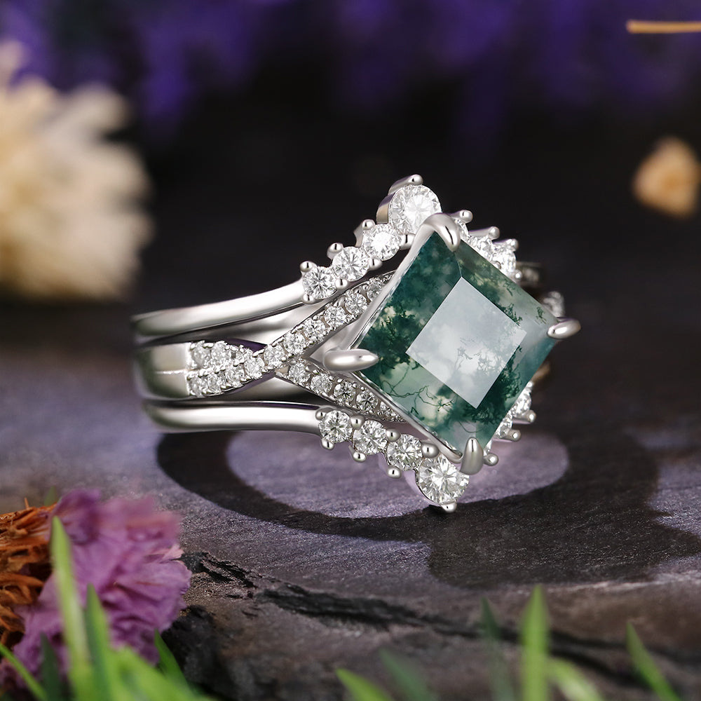 8x8mm Square Cut Moss Agate Vintage Twsited Triple Engagement Ring Set