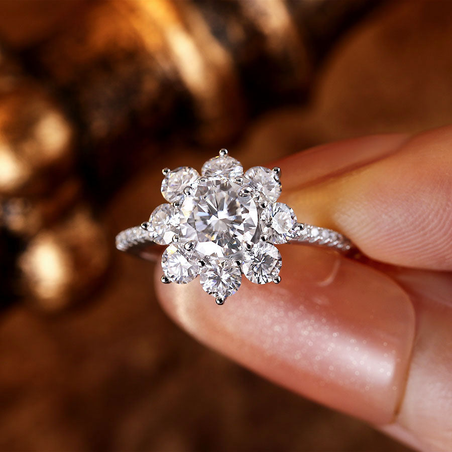 1 ct Round Moissanite Floral Cluster Engagement Ring