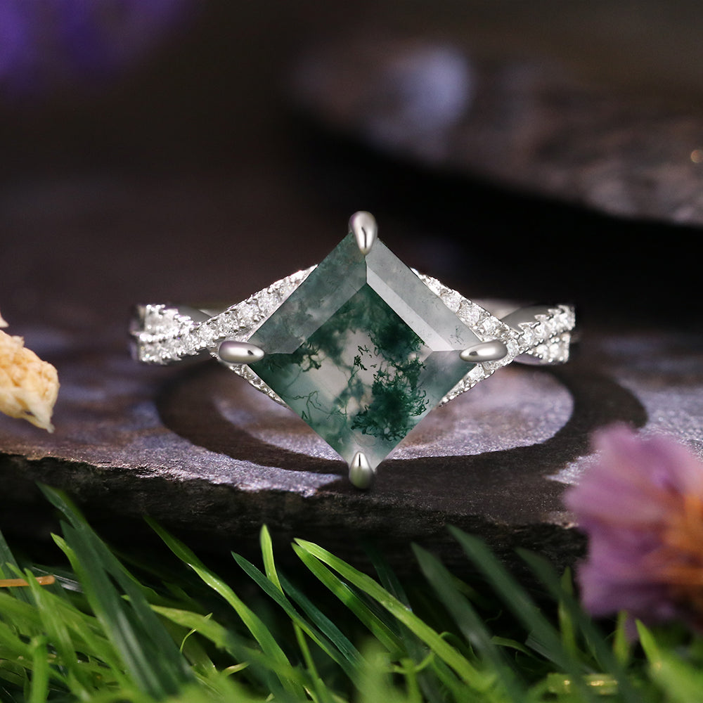 8x8mm Square Cut Moss Agate Vintage Twsited Engagement Ring
