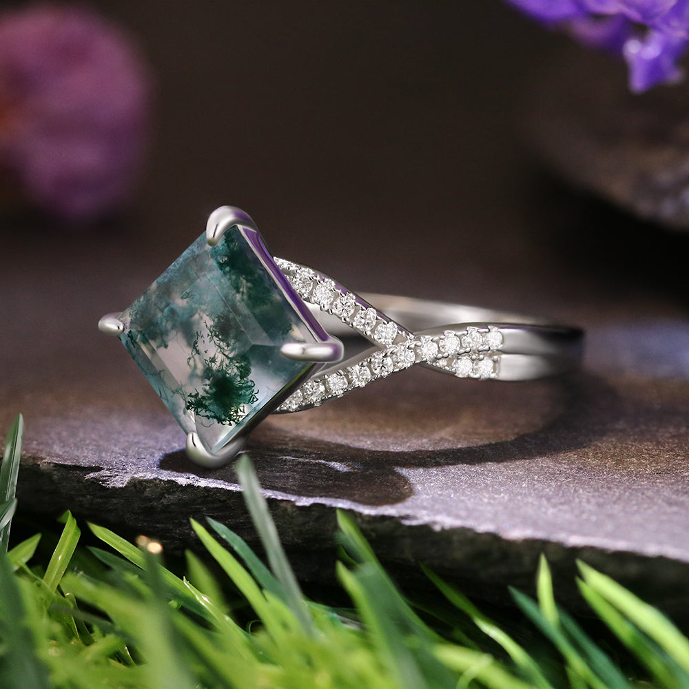 8x8mm Square Cut Moss Agate Vintage Twsited Engagement Ring