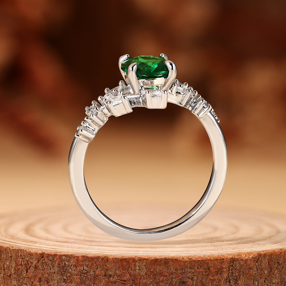 Nature Inspired 1.28CT Round Cut Lab Emerald Leaf & Branch Cluster Ring