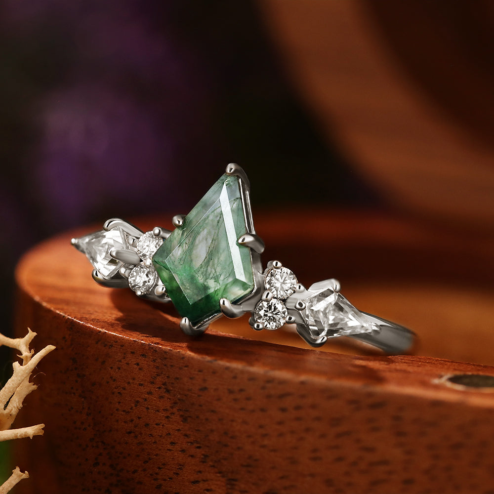 6x9mm Kite Cut Moss Agate with Kite & Round Cut Moissanite Accents Nature-Inspired Engagement Ring
