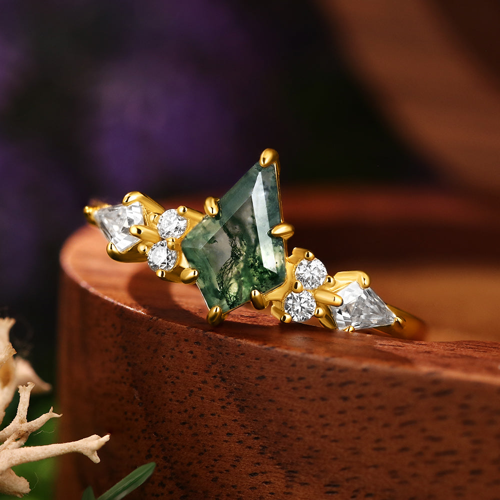 6x9mm Kite Cut Moss Agate with Kite & Round Cut Moissanite Accents Nature-Inspired Engagement Ring
