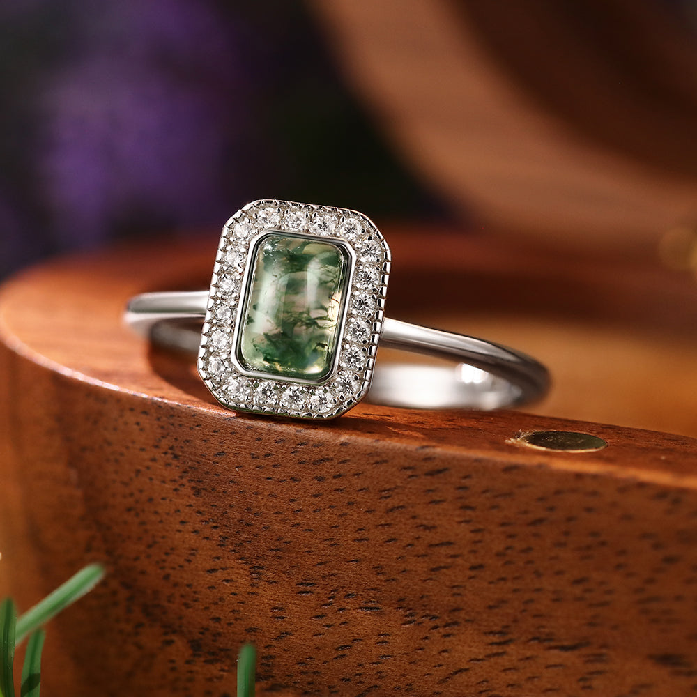 5x7mm Emerald Cut Moss Agate Nature Inspired Halo Engagement Ring
