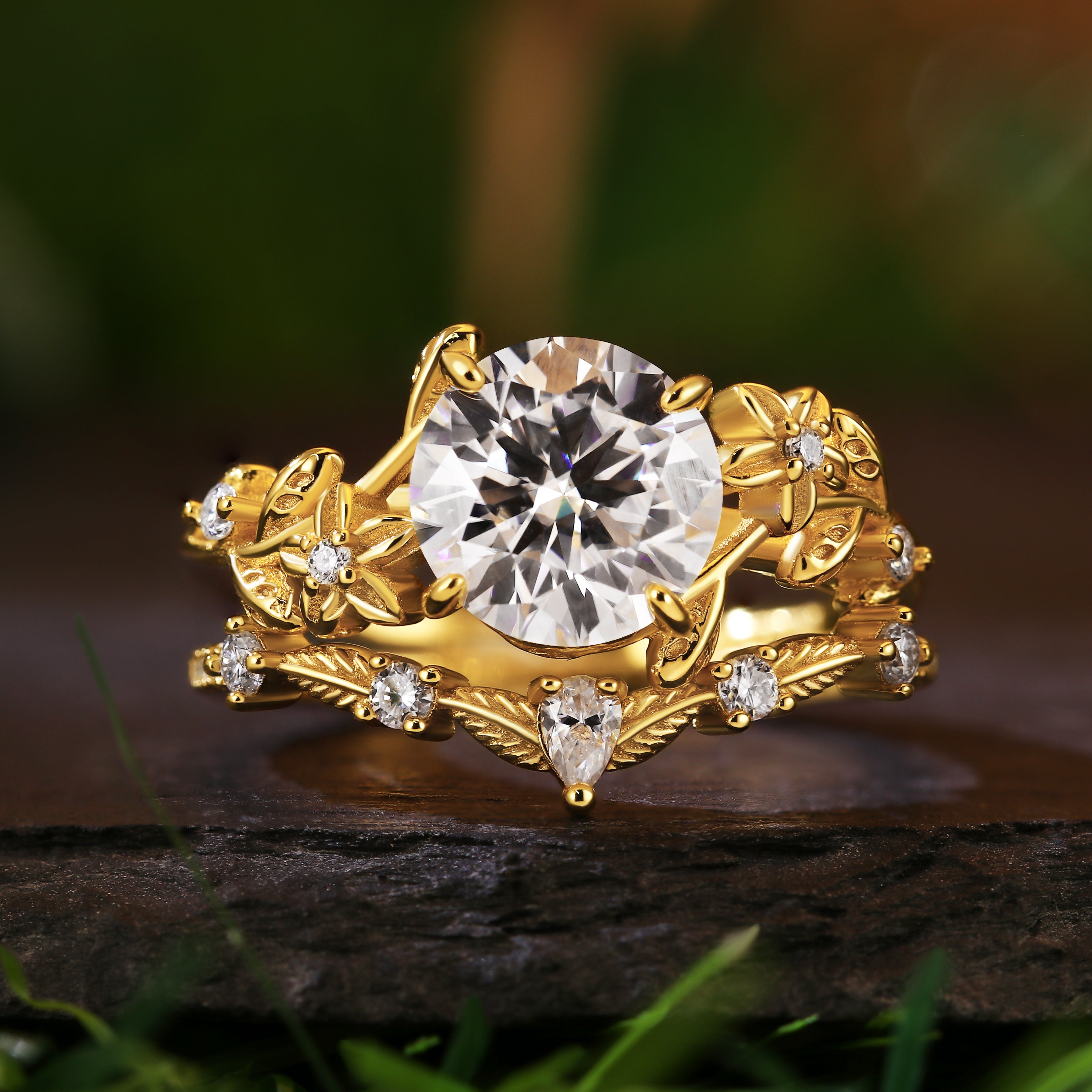 2.21Ct Round Cut Moissanite Flower Engagement Ring Curved Wedding Band Nature Vines Bridal Set