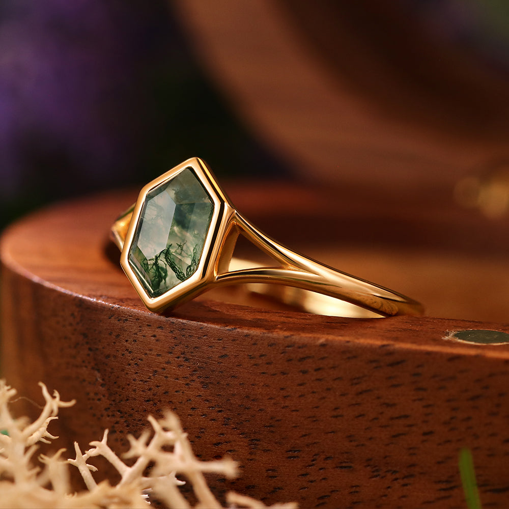 6x10mm Hexagon Cut Moss Agate Nature Inspired Geometric Openwork Engagement Ring