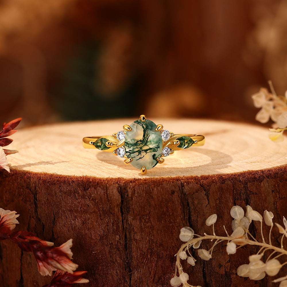 6*8mm Oval Cut Moss Agate Engagement Ring Nature Inspired Leaf Design Ring with Green Accents
