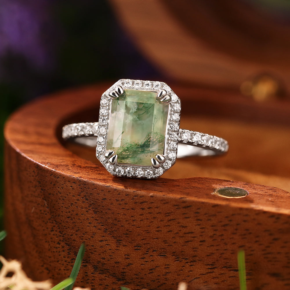 8x10mm Emerald Cut Moss Agate Nature Inspired Halo Engagement Ring