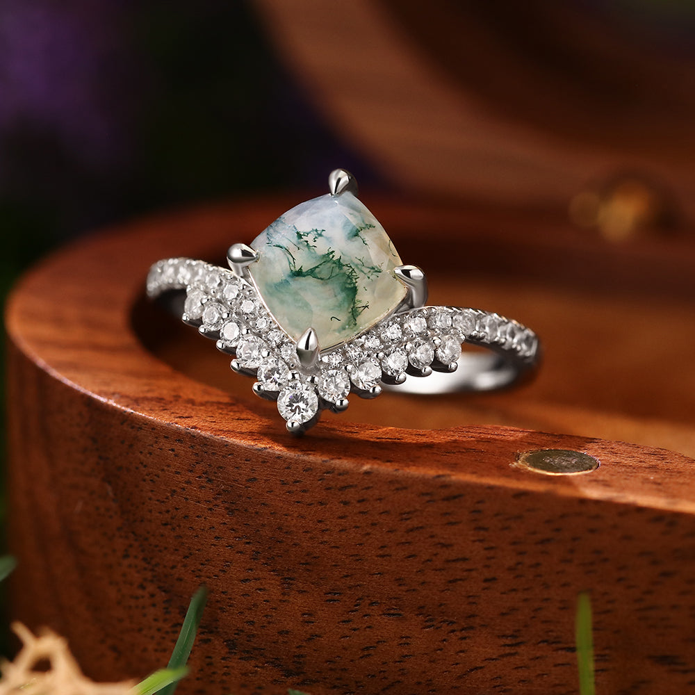 7x7mm Cushion Cut Moss Agate Nature Inspired Butterfly Wing Engagement Ring