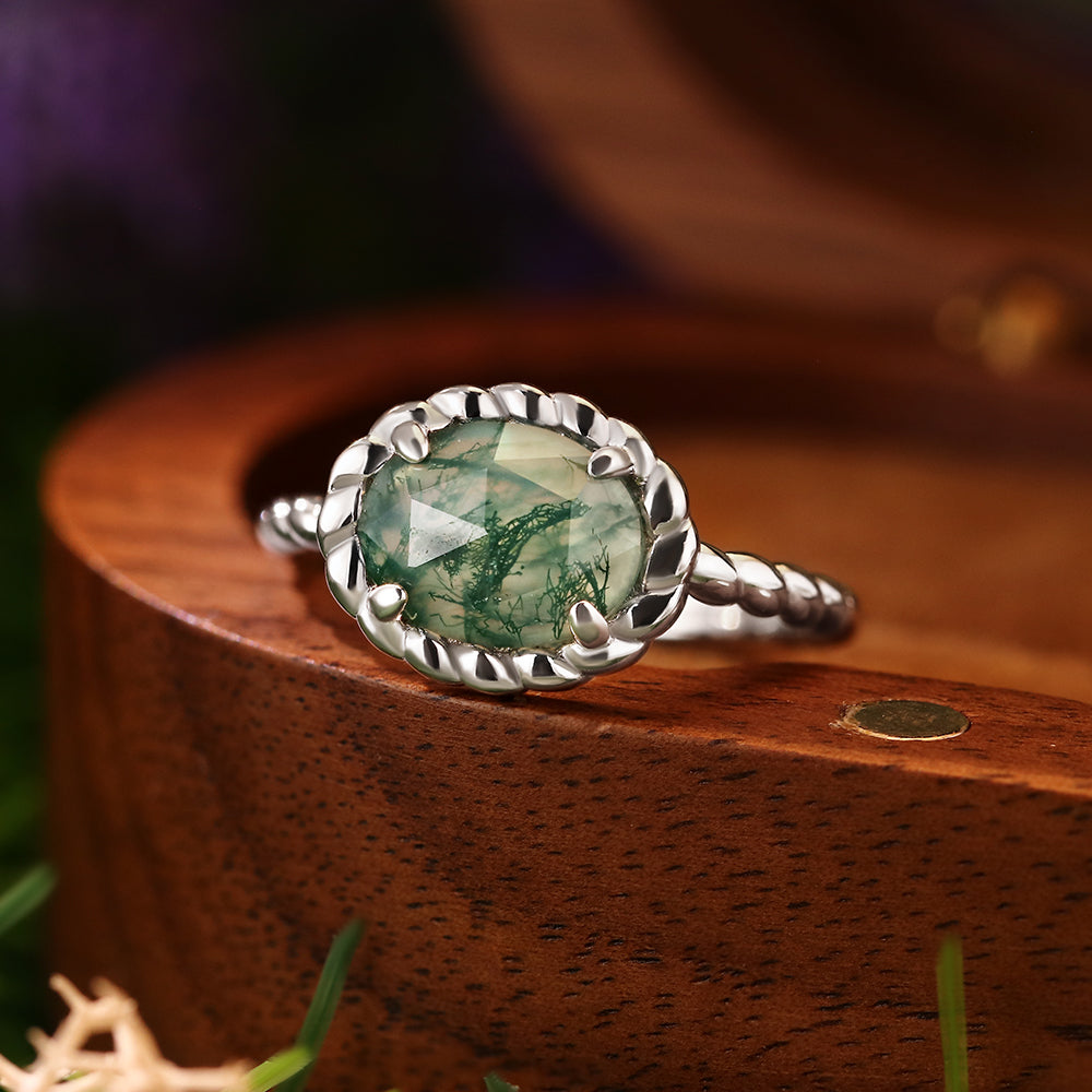 7x9mm Oval Cut Moss Agate Nature Inspired Rope Twist Engagement Ring