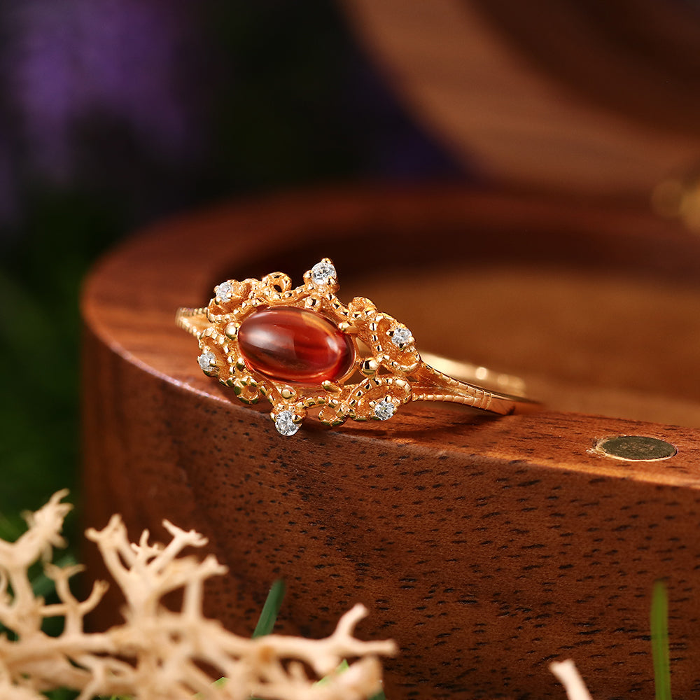 5x7mm Oval Cut Garnet Vintage Inspired Filigree Diamond Accent Engagement Ring