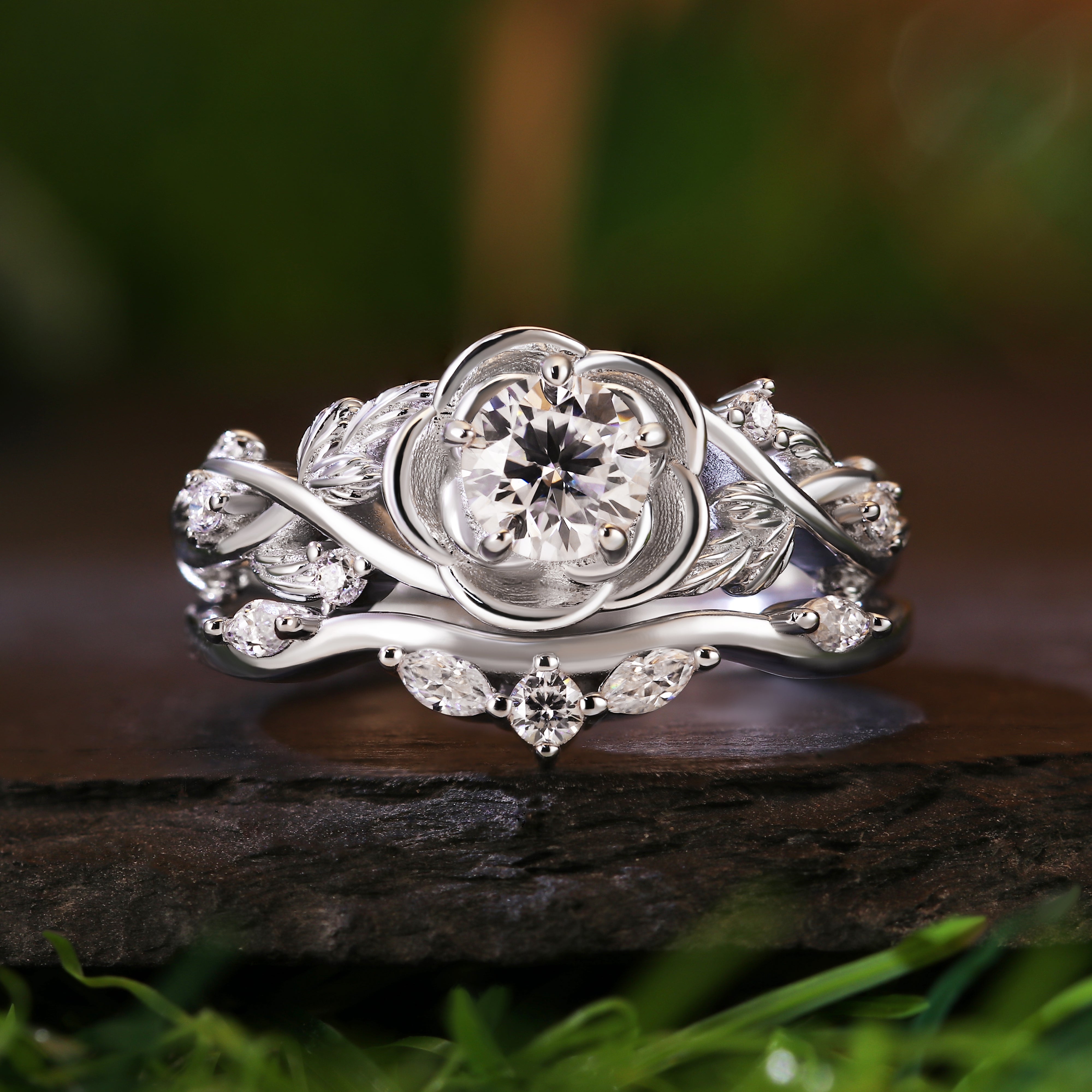 Nature Inspired 0.7CT Round Cut Moissanite Rose Flower Leaf Bridal Ring Set