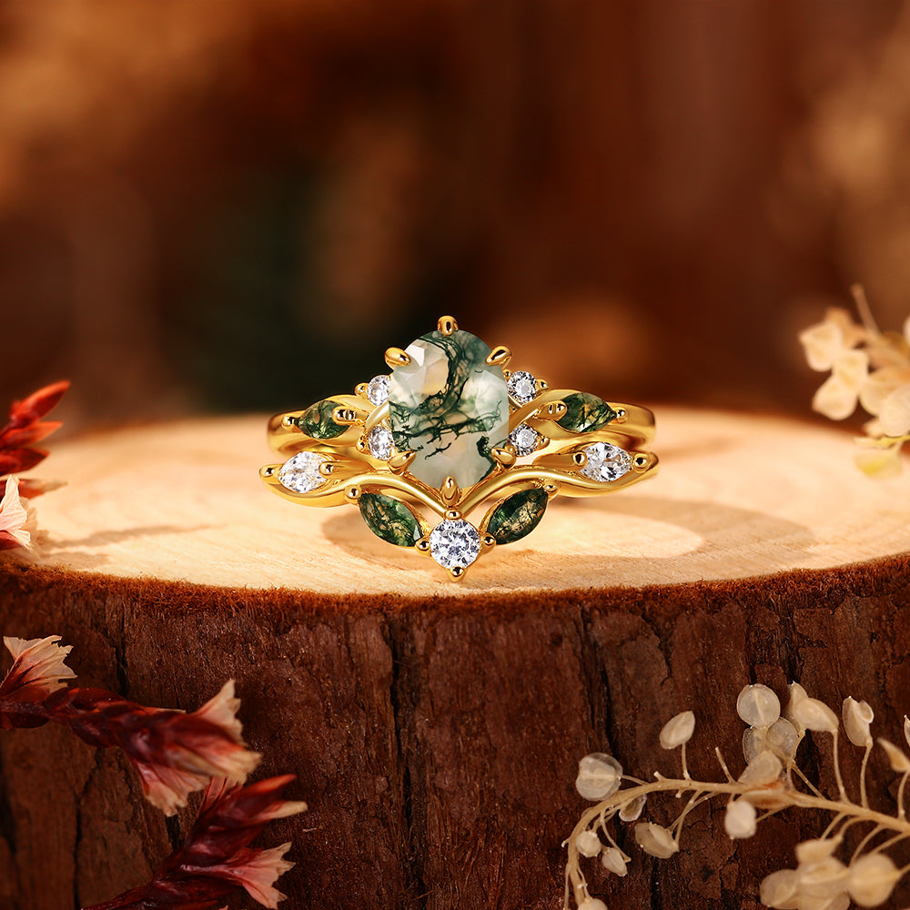 Enchanted Forest Moss Agate Ring Set - Handcrafted Leaf & Vine Bridal Set - Whimsical Nature-Inspired Gold Jewelry Gift for Her