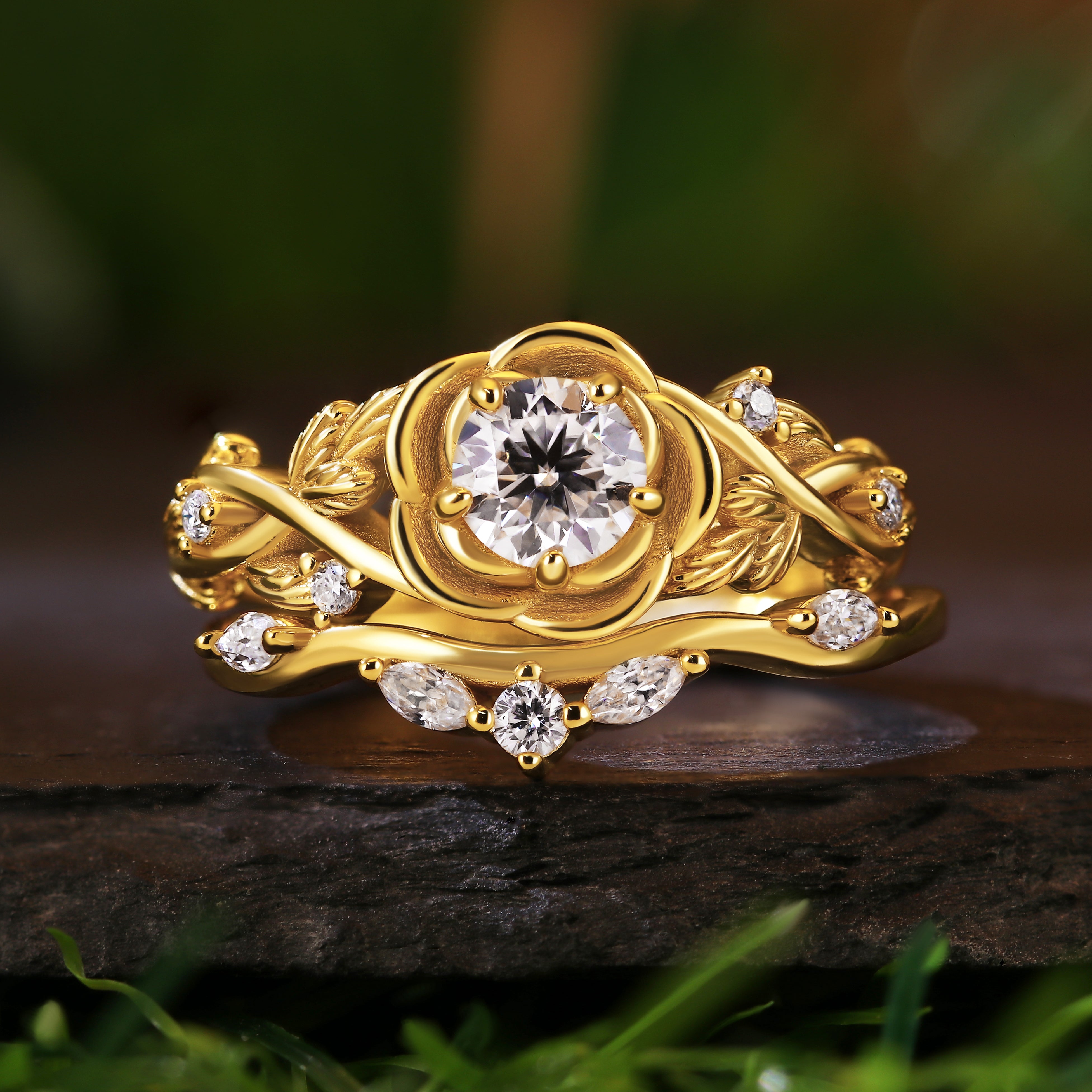 Nature Inspired 0.7CT Round Cut Moissanite Rose Flower Leaf Bridal Ring Set