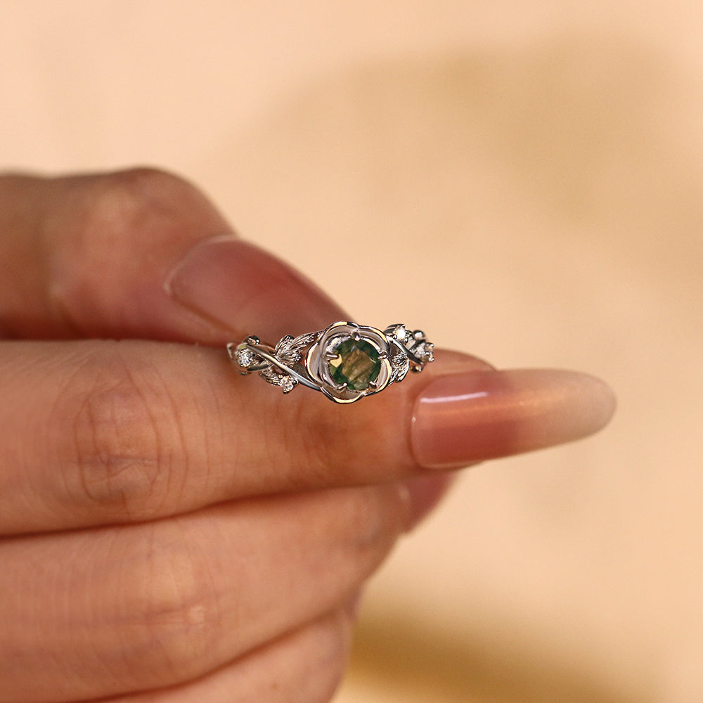 Nature Inspired 5mm Round Cut Moss Agate Rose Flower Leaf Engagement Ring