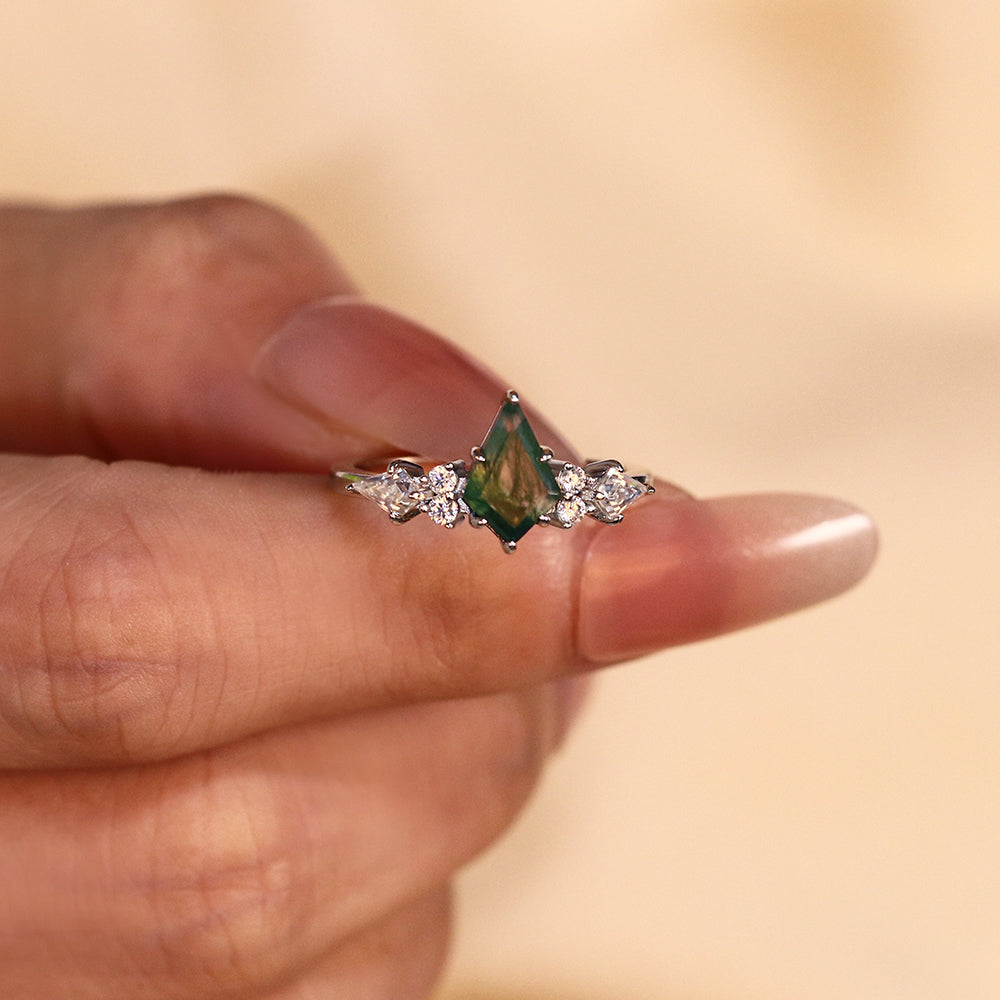 6x9mm Kite Cut Moss Agate with Kite & Round Cut Moissanite Accents Nature-Inspired Engagement Ring